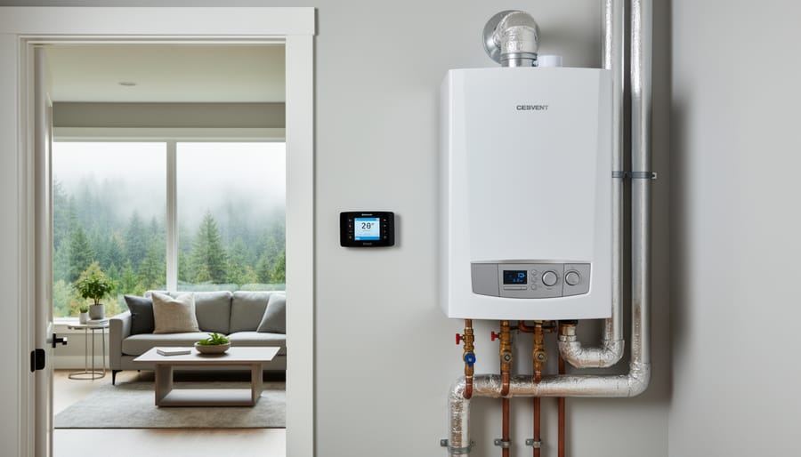 Modern condensing boiler system with pipes and digital controls mounted in basement