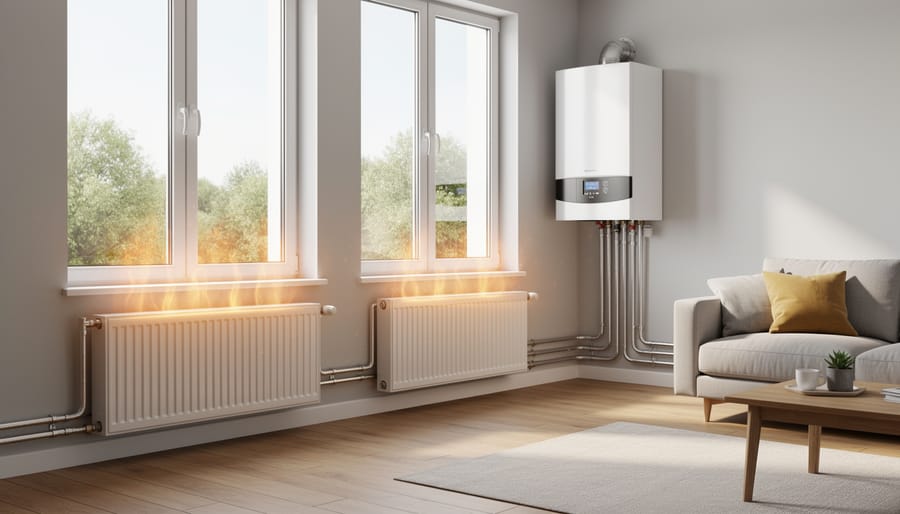 Modern wall-mounted hydronic radiator with copper pipes in well-heated home