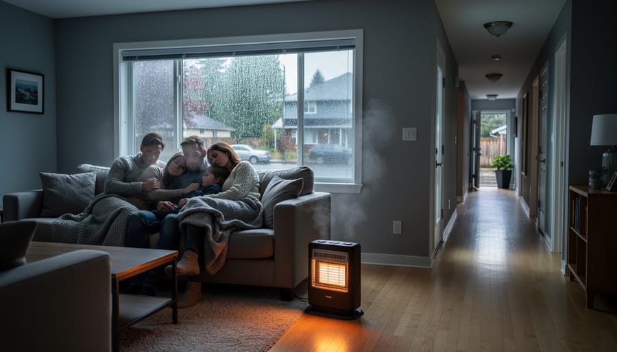 Single portable electric space heater in corner of underheated living room