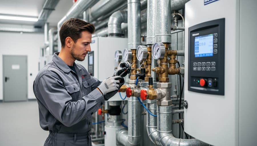 HVAC technician performing professional maintenance on residential boiler system