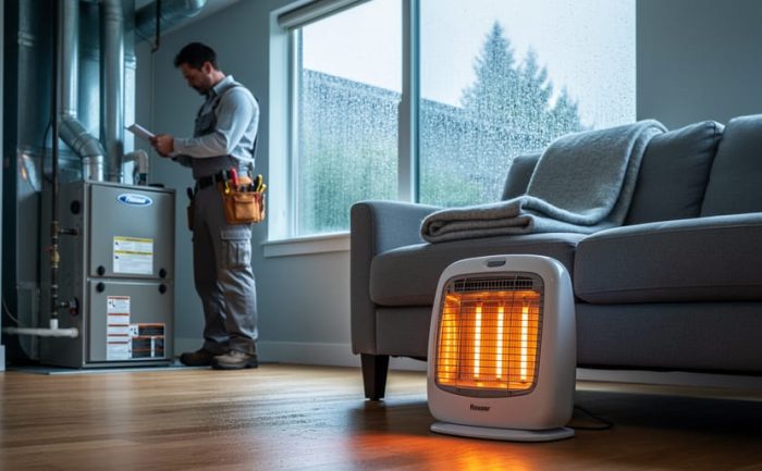 Small electric space heater glowing beside a sofa in a Seattle living room, with a rain-streaked window and an HVAC technician inspecting a boiler and exposed pipes in the softly blurred background.