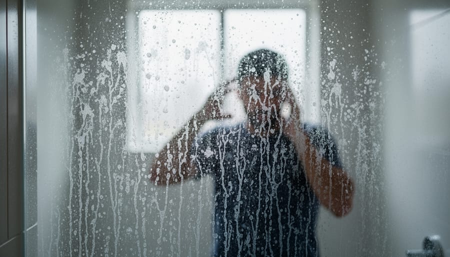 Close-up of hard-water residue streaks on a glass held near a faucet