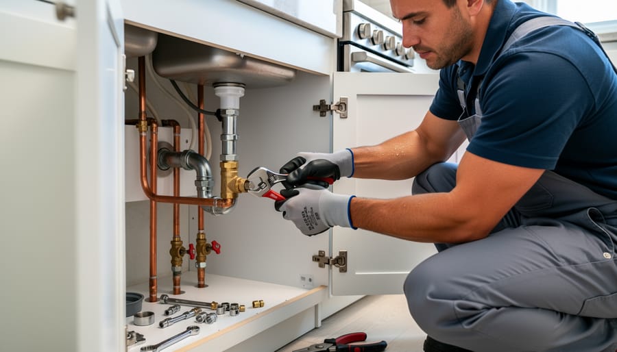Plumber tightening plumbing connections during water softener installation in a home utility area