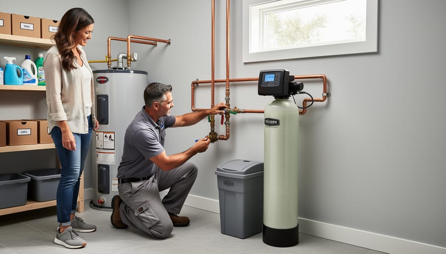 Residential water softener unit installed in a home utility closet near plumbing and a water heater