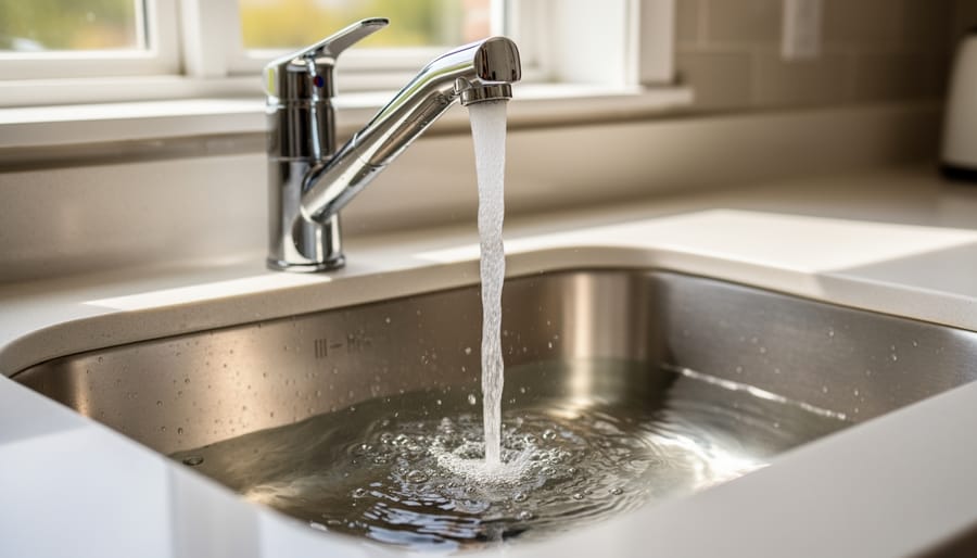 Clear water pouring from a faucet into a glass with bubbles visible in the water.