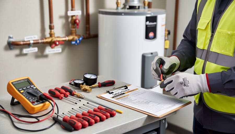 Close-up of a person using a multimeter for HVAC diagnostics near an open control area