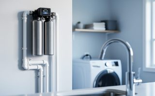 Sleek whole-home water filtration unit and connected plumbing pipes in a clean utility room with a faucet visible in the foreground.