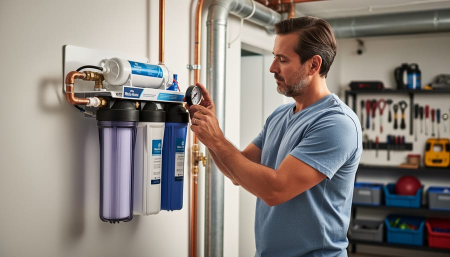 Homeowner inspecting a whole-house water filtration system in a clean utility room.
