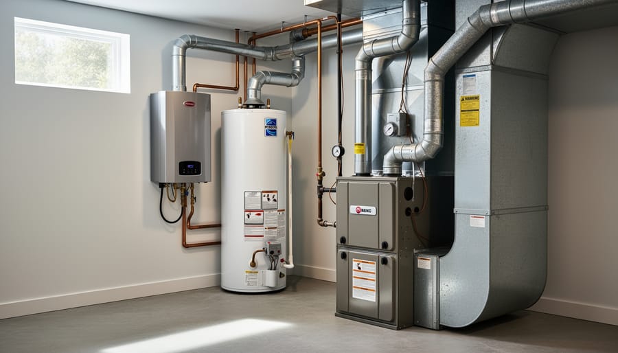 Residential boiler and hot water equipment in a clean mechanical closet with copper piping
