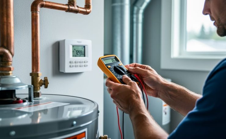 “Homeowner using a multimeter near a wall thermostat with a hot water heater and copper piping visible in the background.”