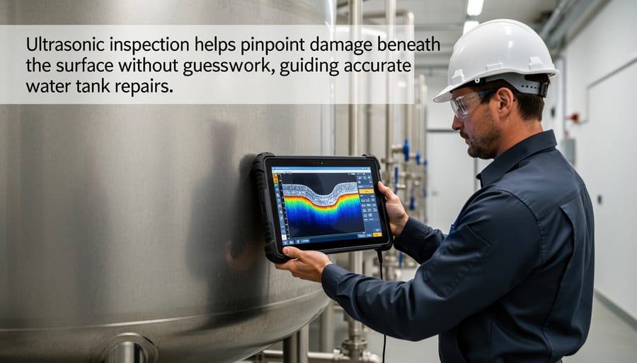 Technician holding an ultrasonic probe against a metal water tank to detect internal damage