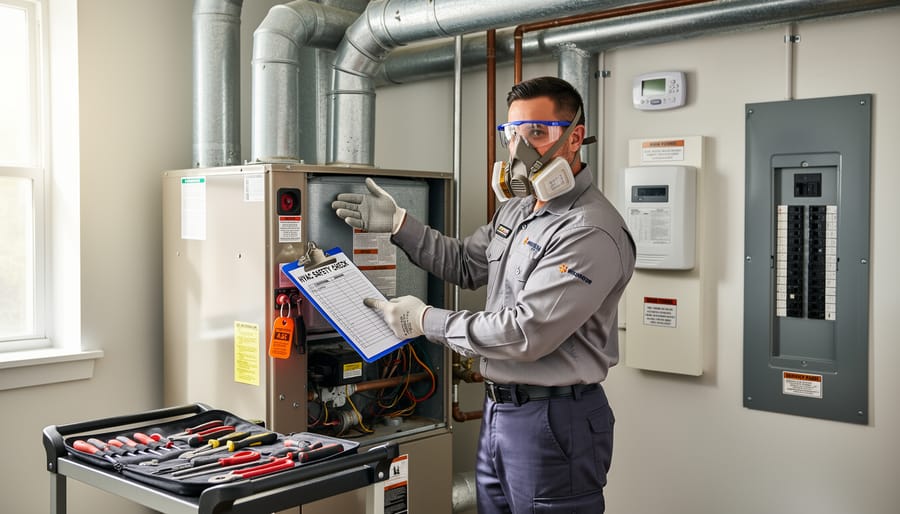 Technician in safety gear inspecting an HVAC unit with open service panel