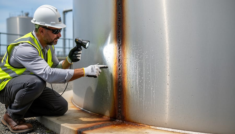 Technician inspecting a corroded and leaking seam on a steel water tank in an industrial maintenance area