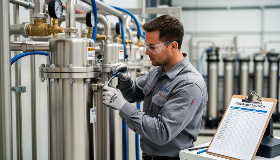 Technician tightening connections on a whole-house water filtration system in a utility area.
