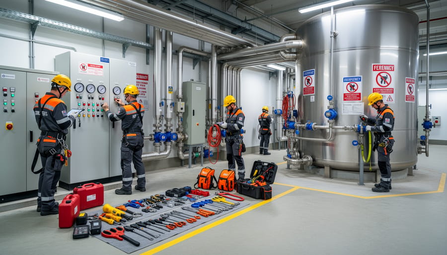 Technicians in PPE preparing equipment near a water tank in a mechanical room