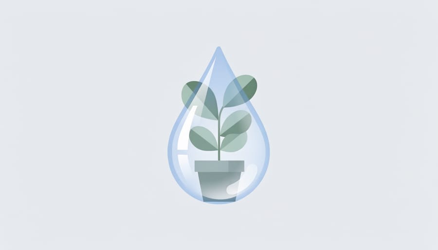 Water droplet on a window ledge next to a healthy potted plant with blurred outdoor background.