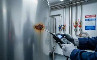 Gloved technician inspecting a stainless-steel water tank for leaks in a mechanical room, with leak-detection equipment near a rusted area.
