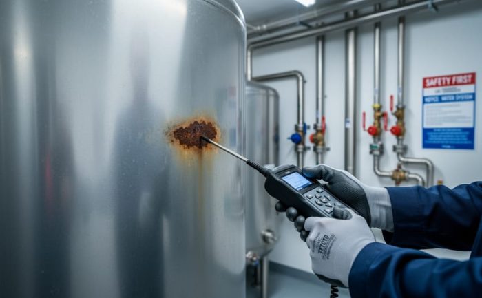 Gloved technician inspecting a stainless-steel water tank for leaks in a mechanical room, with leak-detection equipment near a rusted area.