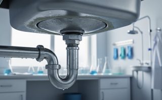 Close-up of a research lab sink drain and stainless plumbing pipes showing wastewater flow concerns and pipe condition beneath the fixture.