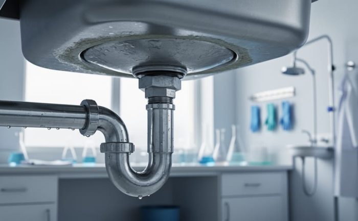Close-up of a research lab sink drain and stainless plumbing pipes showing wastewater flow concerns and pipe condition beneath the fixture.