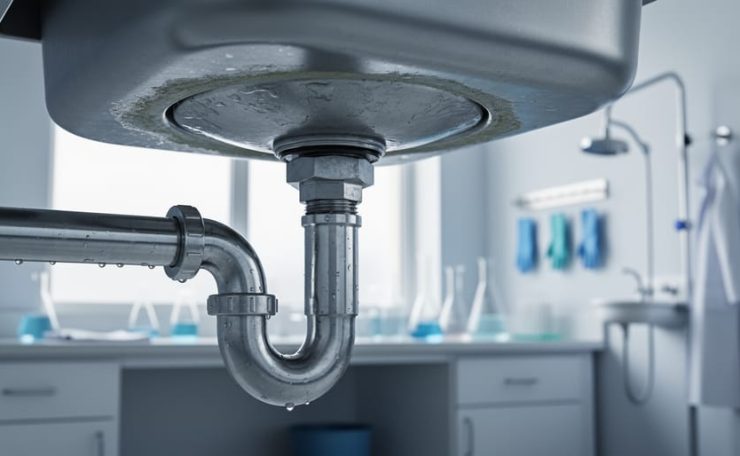 Close-up of a research lab sink drain and stainless plumbing pipes showing wastewater flow concerns and pipe condition beneath the fixture.
