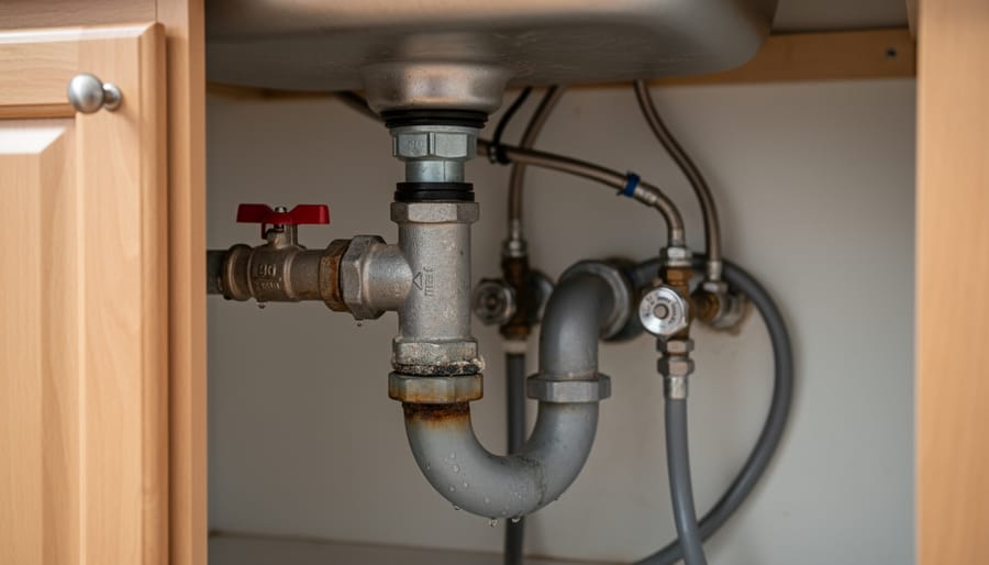 Close-up of residential plumbing cleanout and copper pipe fitting in a basement utility area