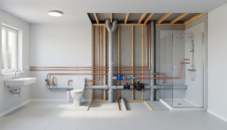 Basement wall with plumbing shutoff valves and a sealed access point showing hidden infrastructure