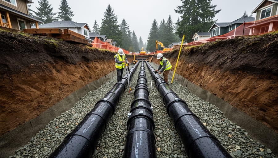 New underground plumbing pipes installed in a prepared trench near a building foundation