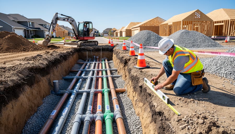 Excavator working beside a home foundation with exposed soil during underground plumbing preparation