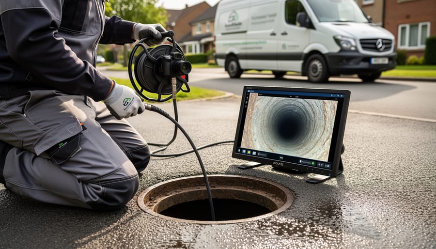 Plumbing technician holding a sewer camera inspection device for underground line diagnostics
