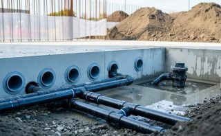 Close view of sealed foundation wall penetrations and underground plumbing lines with a sump/pump area in a below-grade construction site.