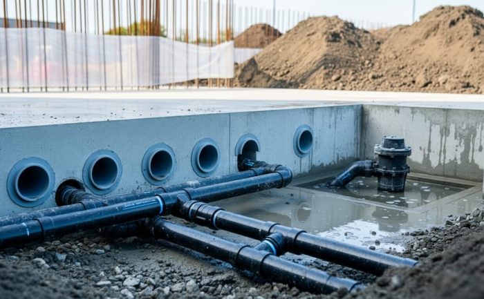 Close view of sealed foundation wall penetrations and underground plumbing lines with a sump/pump area in a below-grade construction site.
