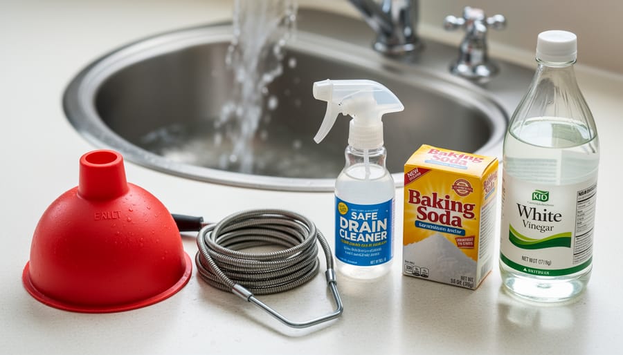 Technician’s gloved hands holding a drain-cleaning snake cable near a kitchen sink drain