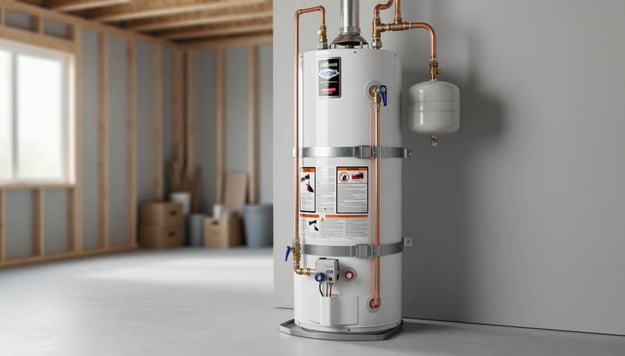 New residential water heater installed in a utility closet with visible shutoff valve and copper piping