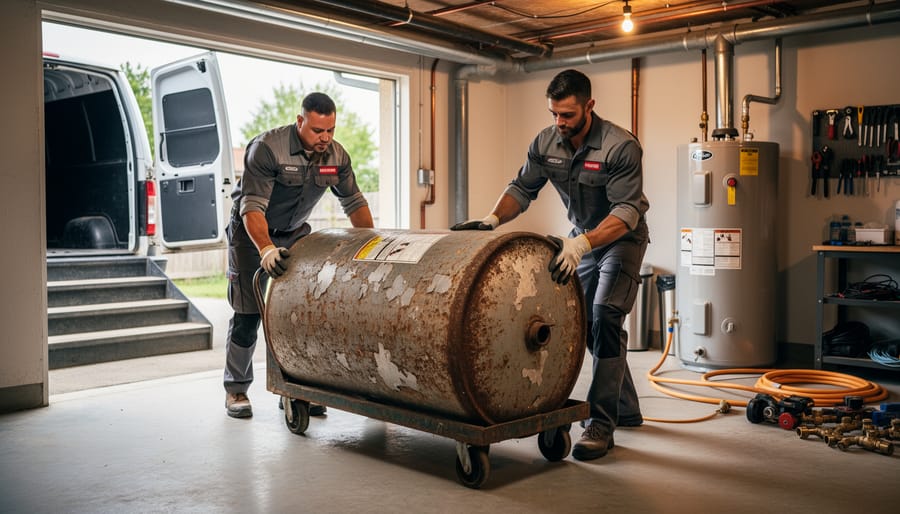 Old water heater removed and positioned for service pickup near a home driveway