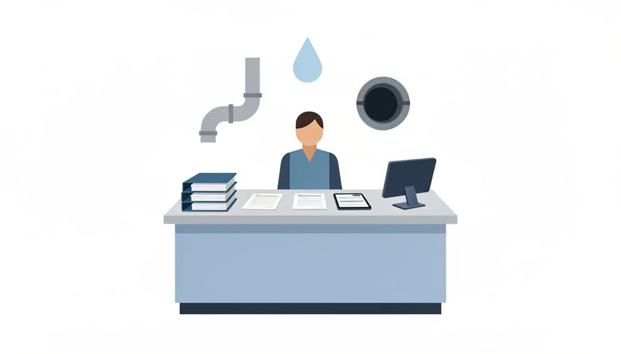 Technician tools and blank documentation on a desk representing organized sewer service