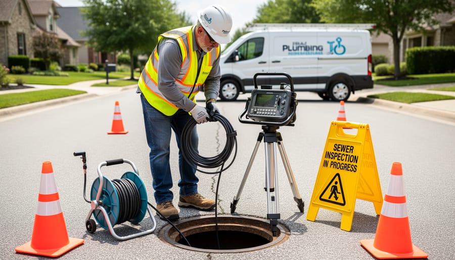 Plumber kneeling by a basement cleanout access point with sewer inspection camera equipment