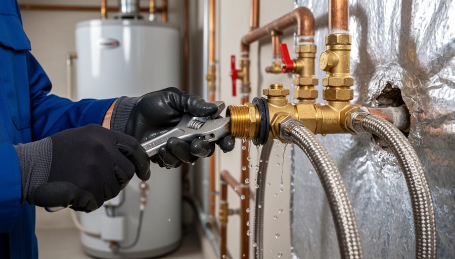 Plumber tightening water heater fittings with a wrench on copper plumbing connections