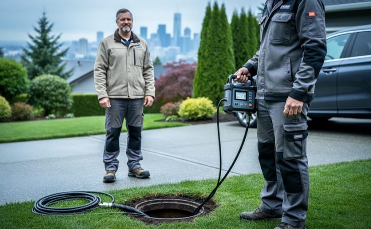 A technician holding a sewer camera inspection device next to a sewer cleanout area in a Seattle residential yard while a homeowner observes.