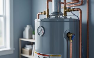Close-up of a residential water heater tank and copper piping in a utility closet, suggesting proper maintenance and long service life.