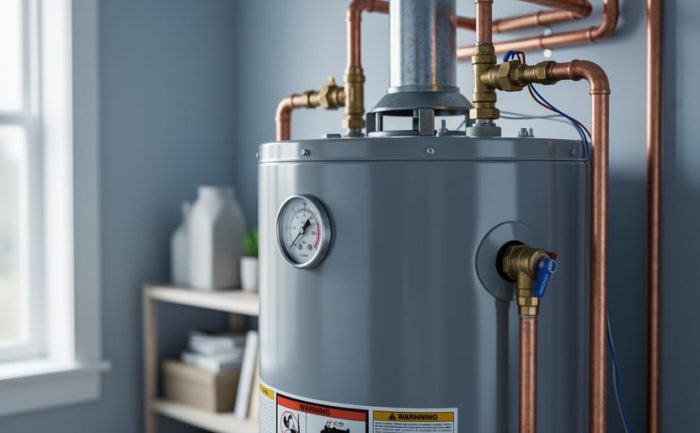 Close-up of a residential water heater tank and copper piping in a utility closet, suggesting proper maintenance and long service life.