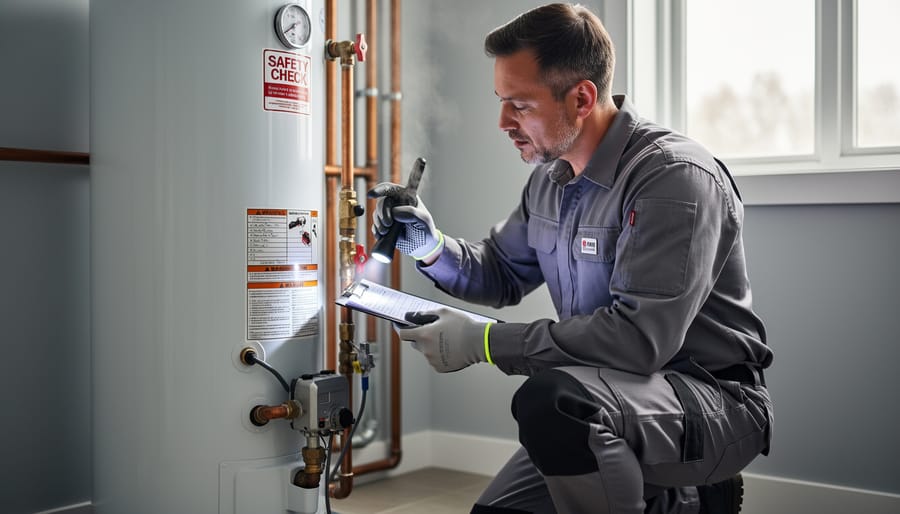 Technician inspecting a water heater connection with a flashlight and tools in a utility room.