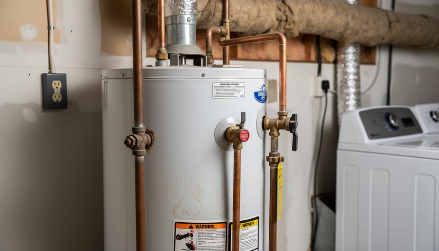 Residential water heater tank installed in a utility closet with visible wear around the unit and surrounding plumbing.