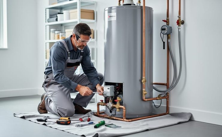 “Technician installing a replacement water heater in a home utility room with visible tools and plumbing connections.”